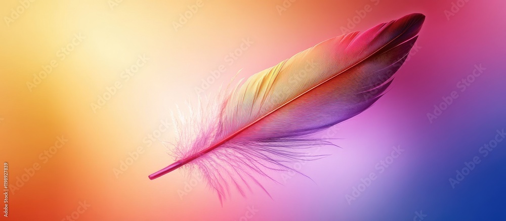 Colorful feather on gradient background with soft focus and ample copy space for text insertion Colorful feather on gradient background with soft focus and ample copy space for text insertion