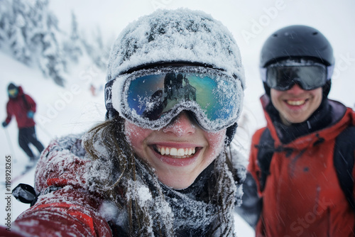 Enjoying a joyful day on the slopes with friends while capturing the magic of winter sports at a ski resort