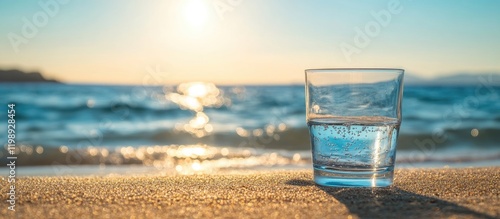 Clear glass of water on sandy beach with ocean waves and sunset in background, Copy Space available for text photo