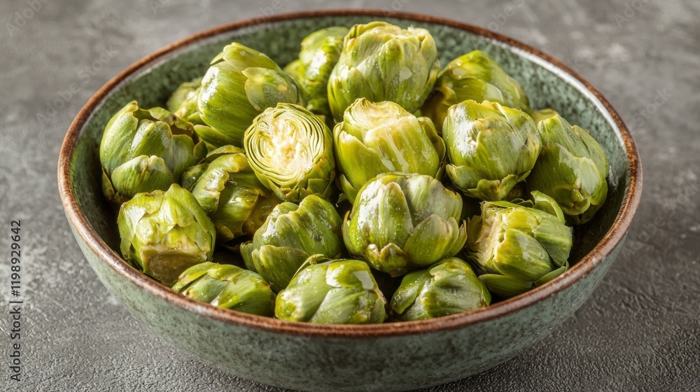 A bowl filled to the brim with vibrant, fresh artichokes rests on a textured surface, inviting culinary enthusiasts to explore their flavor and beauty A bowl filled to the brim with vibrant, fresh artichokes rests on a textured surface, inviting culinary enthusiasts to explore their flavor and beauty