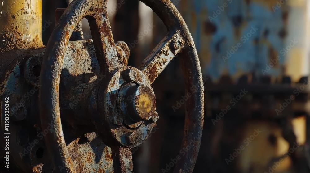 Close-up of a rusty industrial gear wheel highlighting weathered metal textures and the essence of time-worn machinery in an abandoned setting Close-up of a rusty industrial gear wheel highlighting weathered metal textures and the essence of time-worn machinery in an abandoned setting