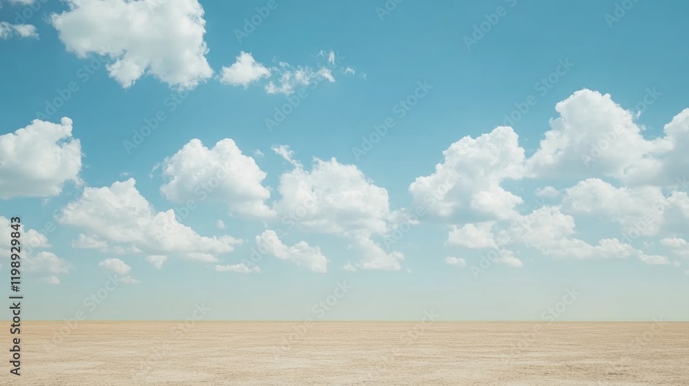 Clear blue sky with fluffy white clouds above a flat sandy landscape and expansive empty space for text Copy Space Clear blue sky with fluffy white clouds above a flat sandy landscape and expansive empty space for text Copy Space