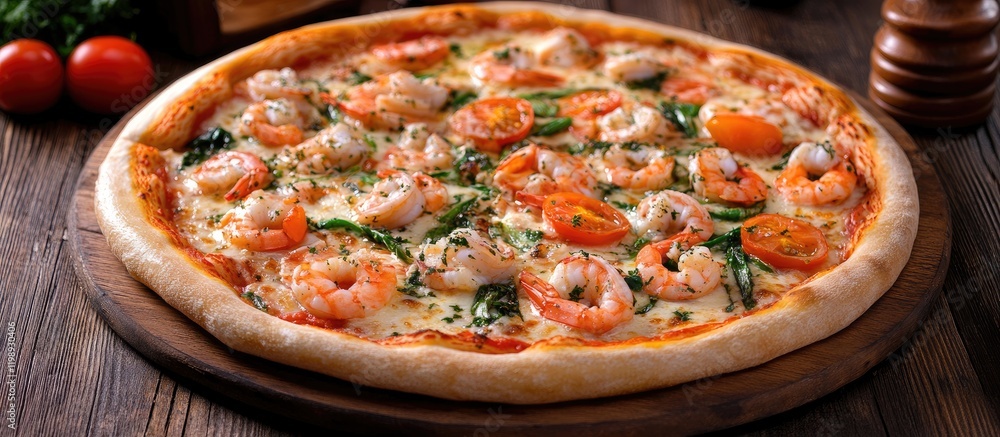 Shrimp pizza with fresh vegetables on wooden table with tomatoes and spices in background Copy Space Shrimp pizza with fresh vegetables on wooden table with tomatoes and spices in background Copy Space