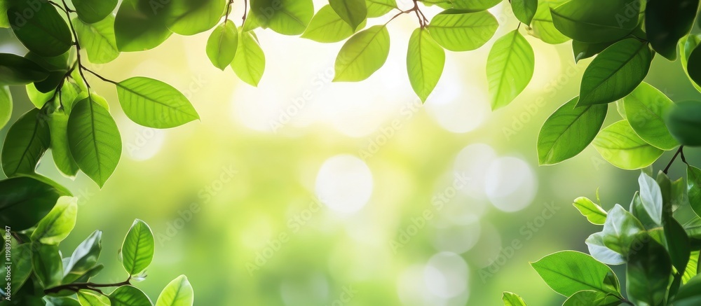 Green leaves framing a bright blurred background with soft light and natural bokeh Copy Space Green leaves framing a bright blurred background with soft light and natural bokeh Copy Space