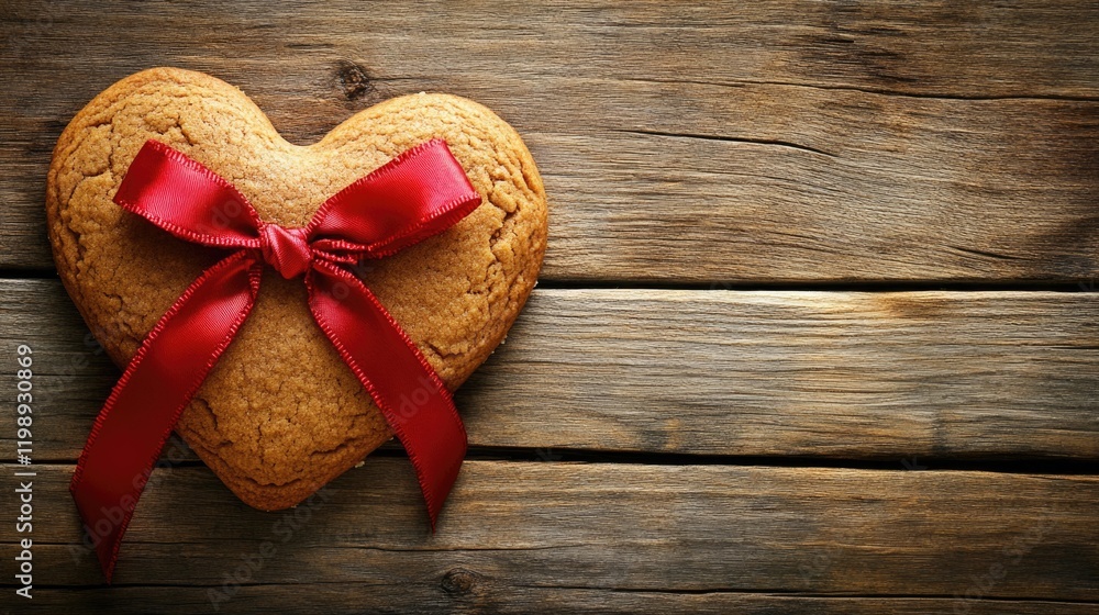 Heart-shaped cookie with red ribbon on rustic wooden background with copy space for text
