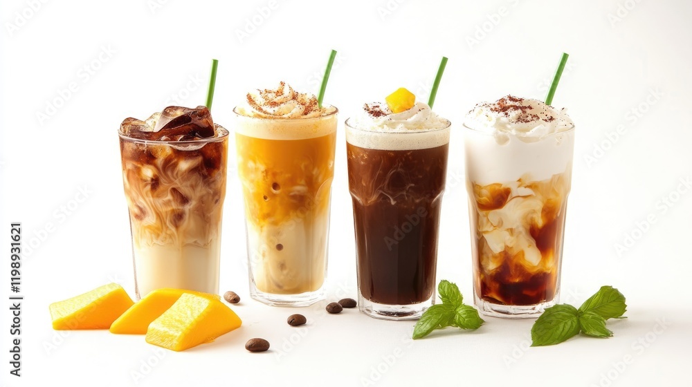 Assorted iced coffee beverages with whipped cream and garnishes on a white background with Copy Space for text. Assorted iced coffee beverages with whipped cream and garnishes on a white background with Copy Space for text.