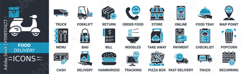 Food delivery icon set. Containing truck, forklift, return, order food, store, online, food tray, map point and more. Solid vector icons collection