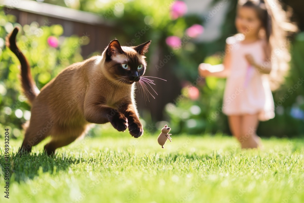Obraz premium Dynamic DSLR photo of a leaping Siamese cat and child playing outdoors