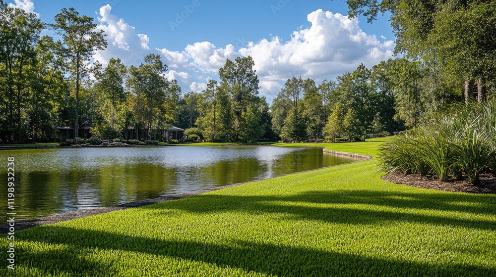 Peaceful lakeside view with green grass, trees, and blue sky with clouds Copy Space Peaceful lakeside view with green grass, trees, and blue sky with clouds Copy Space