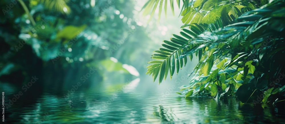 Lush tropical rainforest with dense foliage and waterway in soft lighting featuring natural ambient details and Copy Space for text Lush tropical rainforest with dense foliage and waterway in soft lighting featuring natural ambient details and Copy Space for text