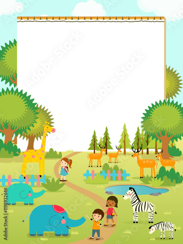 Zoo visit kids school tour paper background poster. Vector template for printable.