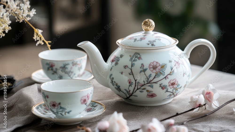 Porcelain teapot with floral design accompanied by matching cups and saucers on a textured table setting with soft natural light and copy space Porcelain teapot with floral design accompanied by matching cups and saucers on a textured table setting with soft natural light and copy space