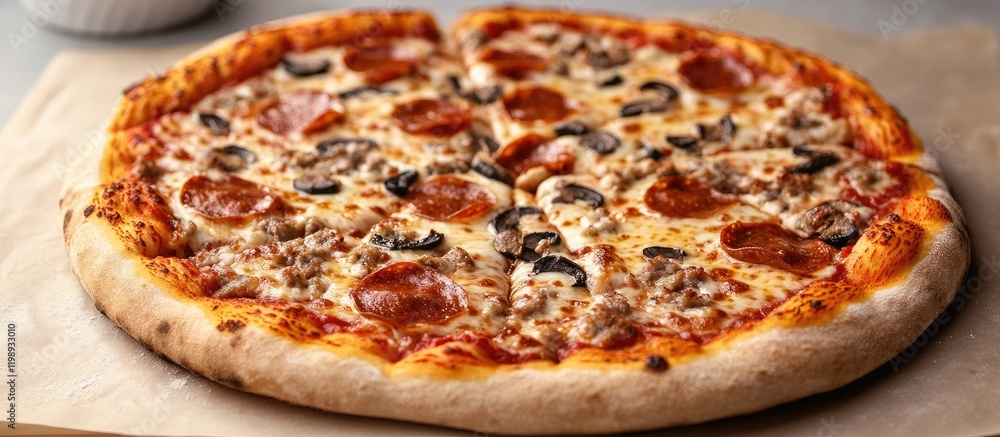 Freshly baked pepperoni and sausage pizza with mozzarella cheese and mushrooms on a wooden surface with Copy Space Freshly baked pepperoni and sausage pizza with mozzarella cheese and mushrooms on a wooden surface with Copy Space