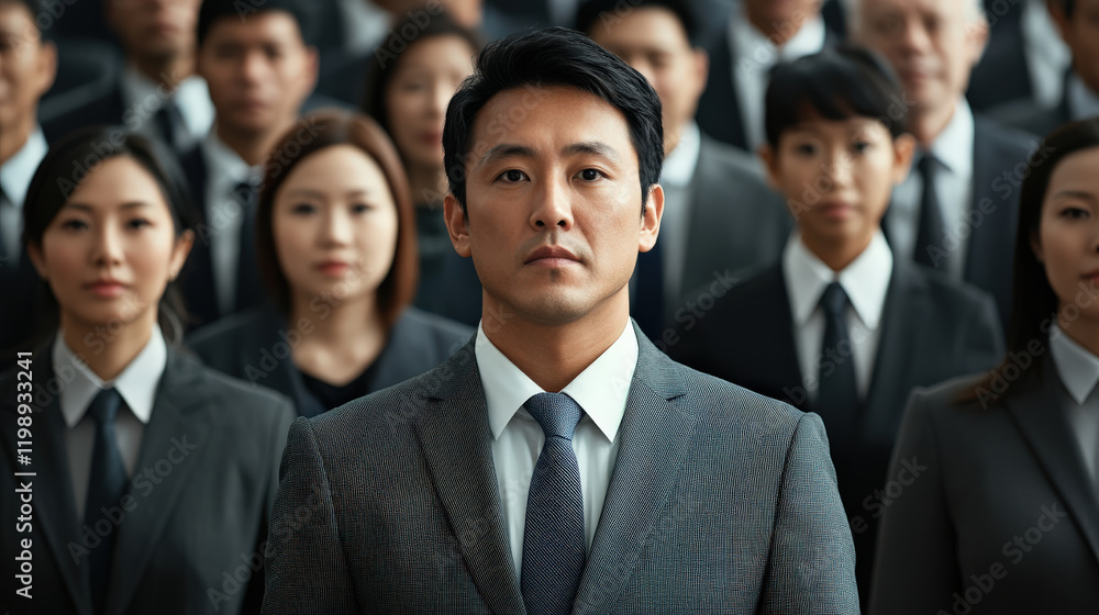 group of professionals in formal attire, showcasing diversity and unity in corporate setting. focus is on man in foreground, exuding confidence and leadership group of professionals in formal attire, showcasing diversity and unity in corporate setting. focus is on man in foreground, exuding confidence and leadership