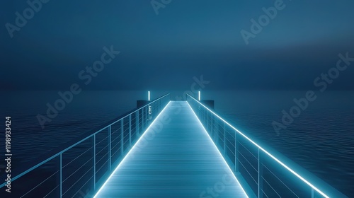 Illuminated pier extending into a dark, misty ocean at night.