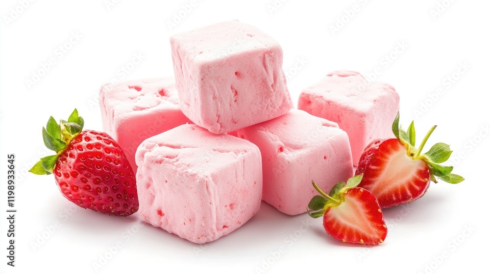 Pink strawberry-flavored ice cream cubes with fresh strawberries on a white background Copy Space Pink strawberry-flavored ice cream cubes with fresh strawberries on a white background Copy Space