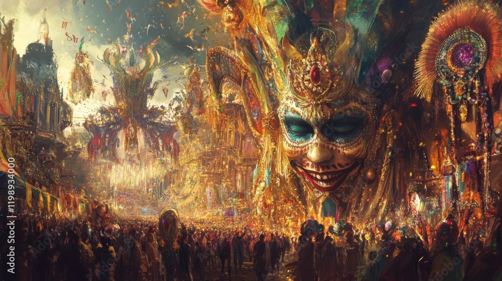 A Grand Carnival Celebration with a Gigantic Golden Jester Mask