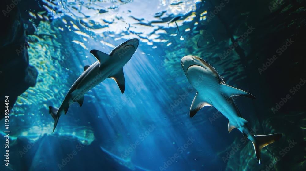 Fototapeta premium Two sharks gracefully swimming in vibrant blue ocean waters.