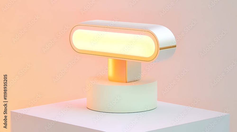 Minimalist modern table lamp with warm light on a white pedestal. Minimalist modern table lamp with warm light on a white pedestal.