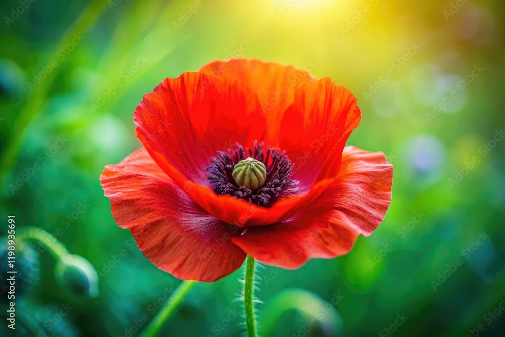 A bright red poppy flower with delicate petals and a thick center, set against a soft green background of foliage, botanical, flora, red poppies A bright red poppy flower with delicate petals and a thick center, set against a soft green background of foliage, botanical, flora, red poppies