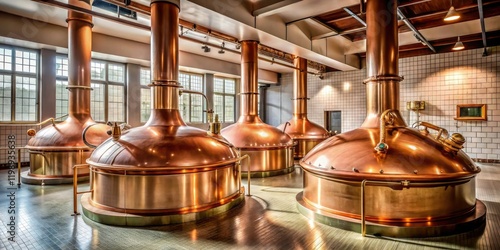 A brewery brewhouse with copper kettles and steam rising from the mash tun, brewery equipment, steam, mash tun