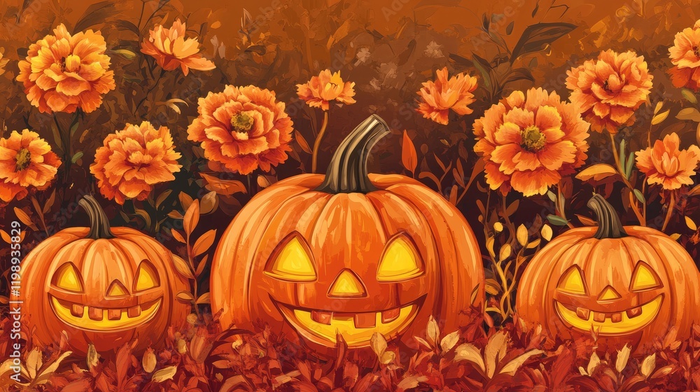 Colorful Halloween pumpkins in a vibrant autumn flower garden with marigolds and foliage featuring smiling faces and illuminated interiors Copy Space Colorful Halloween pumpkins in a vibrant autumn flower garden with marigolds and foliage featuring smiling faces and illuminated interiors Copy Space