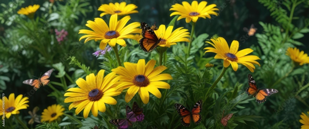 a bright yellow daisy bouquet with multiple colorful butterflies flying around it amidst lush greenery, garden flowers, spring flowers, butterfly flowers a bright yellow daisy bouquet with multiple colorful butterflies flying around it amidst lush greenery, garden flowers, spring flowers, butterfly flowers