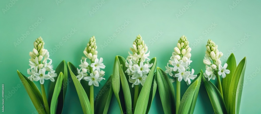 Obraz premium White hyacinth flowers arranged in a row against a mint green background with ample copy space for text insertion.