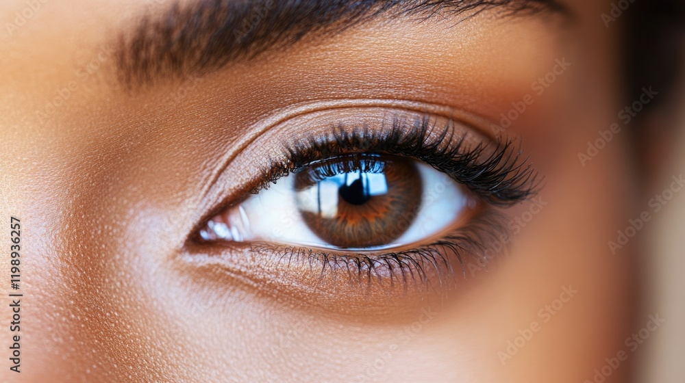 Obraz premium Close-up of a human eye showcasing detailed iris texture and eyelashes, with reflections visible in the pupil, featuring Copy Space.