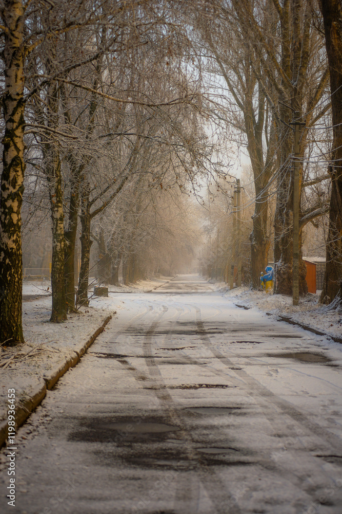 Beautiful snowy morning with a lot of snow, landscape in the town , sunrise landscape.Road in the city ,carage and streets.Sunny days and sunlights through the trees . Landscape and christmas mood