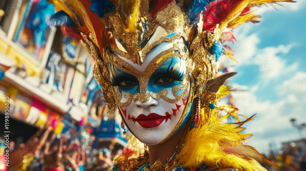Vibrant Carnival Costume with Elaborate Mask and Feathers Vibrant Carnival Costume with Elaborate Mask and Feathers