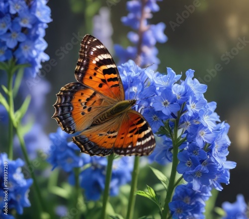 A butterfly with pollen on its body sipping nectar from a blue delphinium, pollinated plants, petals photo