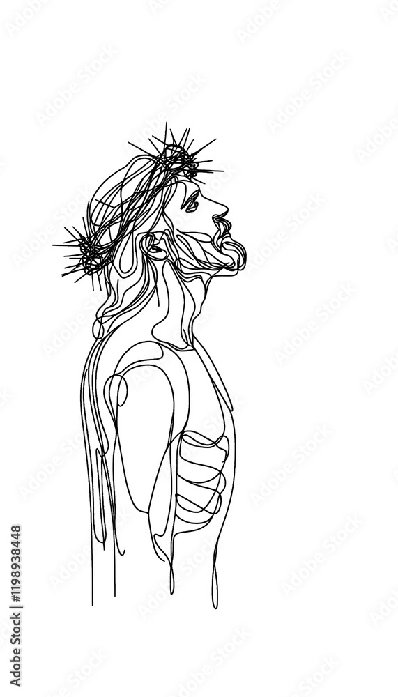 Fototapeta premium Jesus with crown of throne, side view, single continuous line isolated white