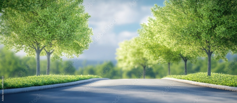 Lush green trees lining an empty road under a partly cloudy sky with copy space for text placement Lush green trees lining an empty road under a partly cloudy sky with copy space for text placement