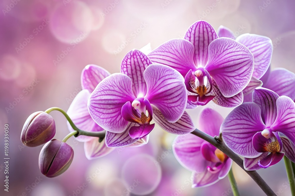 A close-up of a delicate purple orchid with intricate details and texture, center, flower, blossom, stem A close-up of a delicate purple orchid with intricate details and texture, center, flower, blossom, stem