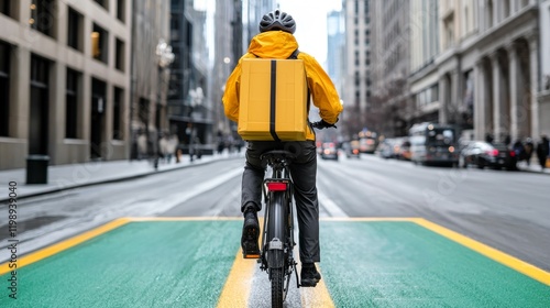 Delivery cyclist navigates urban streets city environment action scene focus on transportation