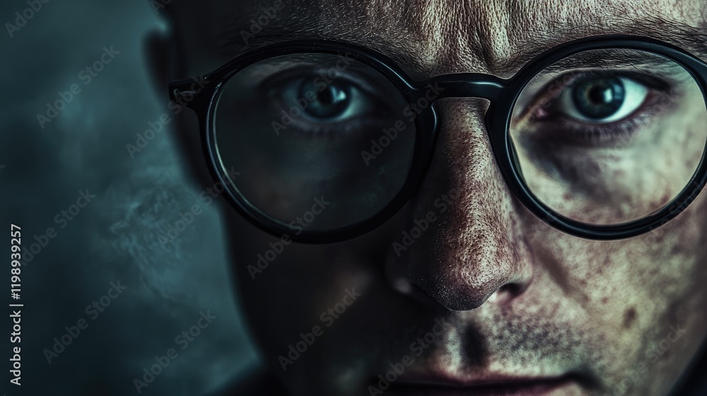 Close-up portrait of a serious man with glasses and intense expression against a dark background Copy Space Close-up portrait of a serious man with glasses and intense expression against a dark background Copy Space