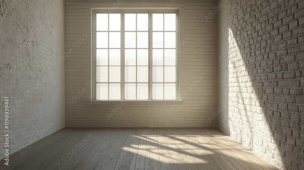 Obraz premium Empty room with white brick walls and wooden floor featuring large window casting shadows and ample copy space for text.