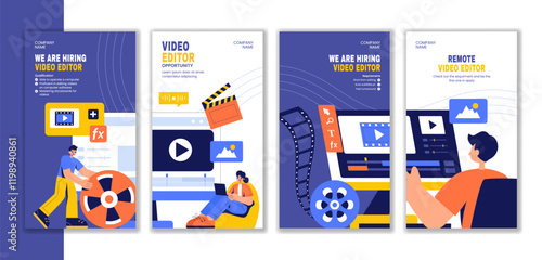 Flat Cartoon Vector Illustration of Video Editing Software with Hand-Drawn Templates for Social Media Stories