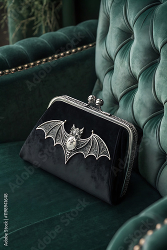 Gothic inspired clutch purse with bat motif on black velvet for stylish accessories. photo