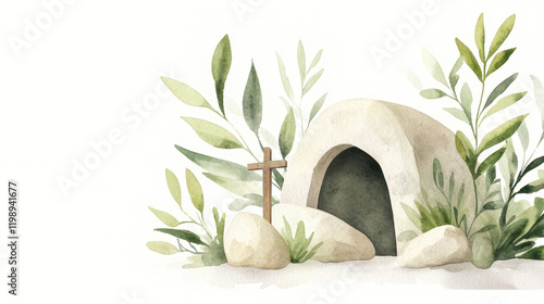 Watercolor resurrection scene with empty tomb and leafy greenery
