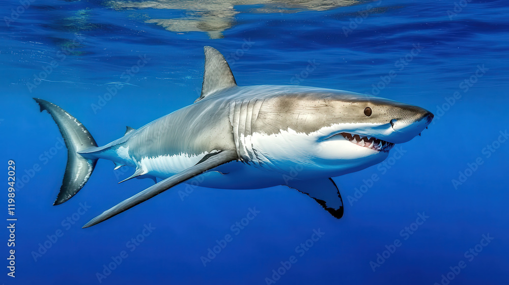 Fototapeta premium great white shark swimming gracefully in clear blue ocean water, showcasing its powerful body and sharp teeth. This majestic predator embodies beauty and danger of marine life