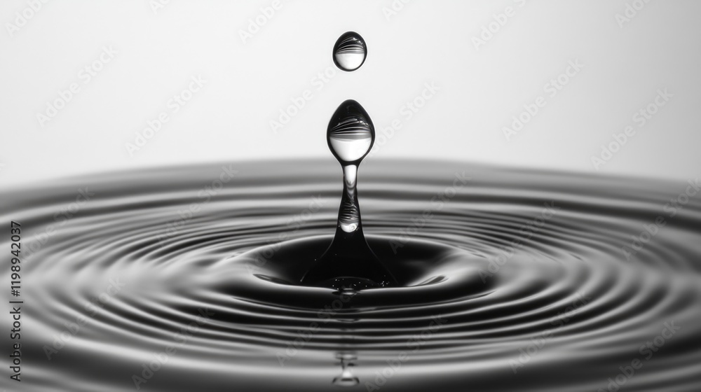 Black and white macro photography of a water droplet creating ripples in a calm body of water with Copy Space for text placement Black and white macro photography of a water droplet creating ripples in a calm body of water with Copy Space for text placement
