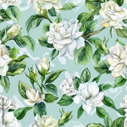 Wallpaper Mural Seamless watercolor pattern of gardenia blossoms and green leaves Torontodigital.ca