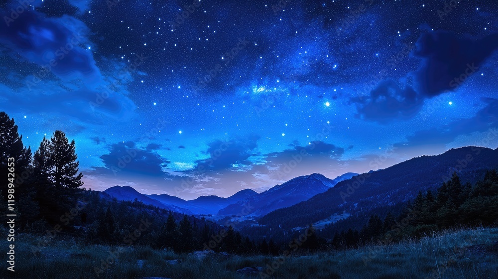 Starry night sky over mountainous landscape with scattered clouds and silhouettes of trees in foreground, Copy Space available. Starry night sky over mountainous landscape with scattered clouds and silhouettes of trees in foreground, Copy Space available.