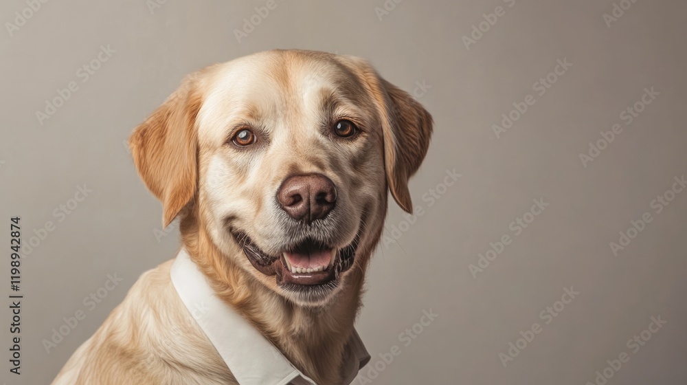 Obraz premium Smiling Labrador Retriever wearing a white shirt on a neutral background with Copy Space for text placement