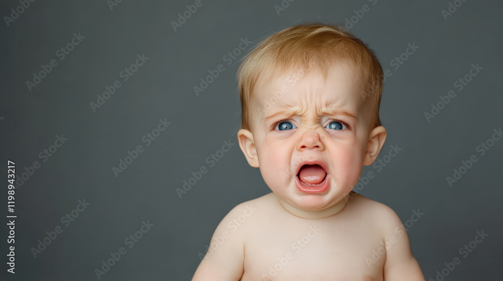 distressed baby with furrowed brow and wide open mouth expresses strong emotions against neutral background. This captures essence of childhood feelings distressed baby with furrowed brow and wide open mouth expresses strong emotions against neutral background. This captures essence of childhood feelings