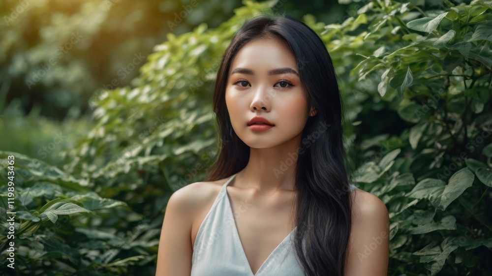 beautiful model girl, woman in green leaves portrait beautiful model girl, woman in green leaves portrait
