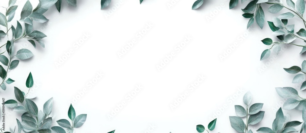 Naklejka premium Green foliage border frame design with light background and ample copy space for text placements. Ideal for nature-themed presentations.