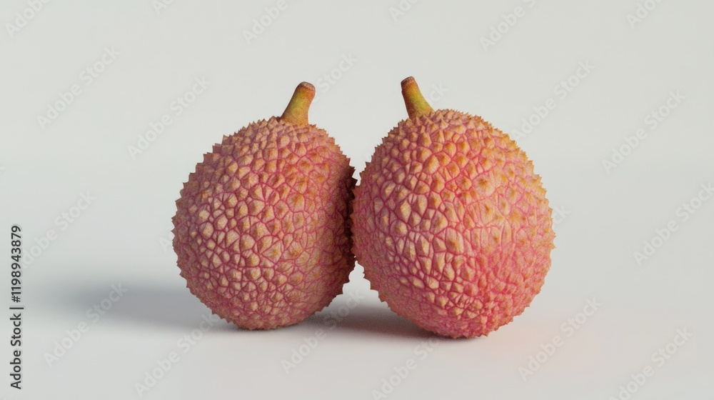 Fresh lychees with textured skin on white background, showcasing natural colors and Copy Space for text placement. Fresh lychees with textured skin on white background, showcasing natural colors and Copy Space for text placement.